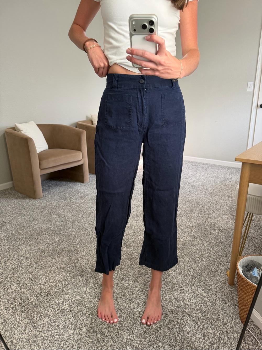 Women's Navy Cropped Linen Blend Pants